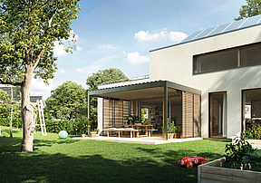 Modernes, weißes Haus mit großem Garten und terrasse, darauf eine schwarze Pergola-Markise mit braunen Seiten-Lamellen und Lamellendach.